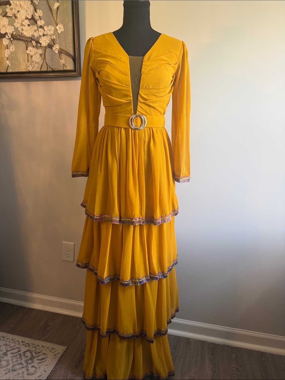 Vintage-Inspired Mustard Yellow Tiered Maxi Dress with Belt length 58